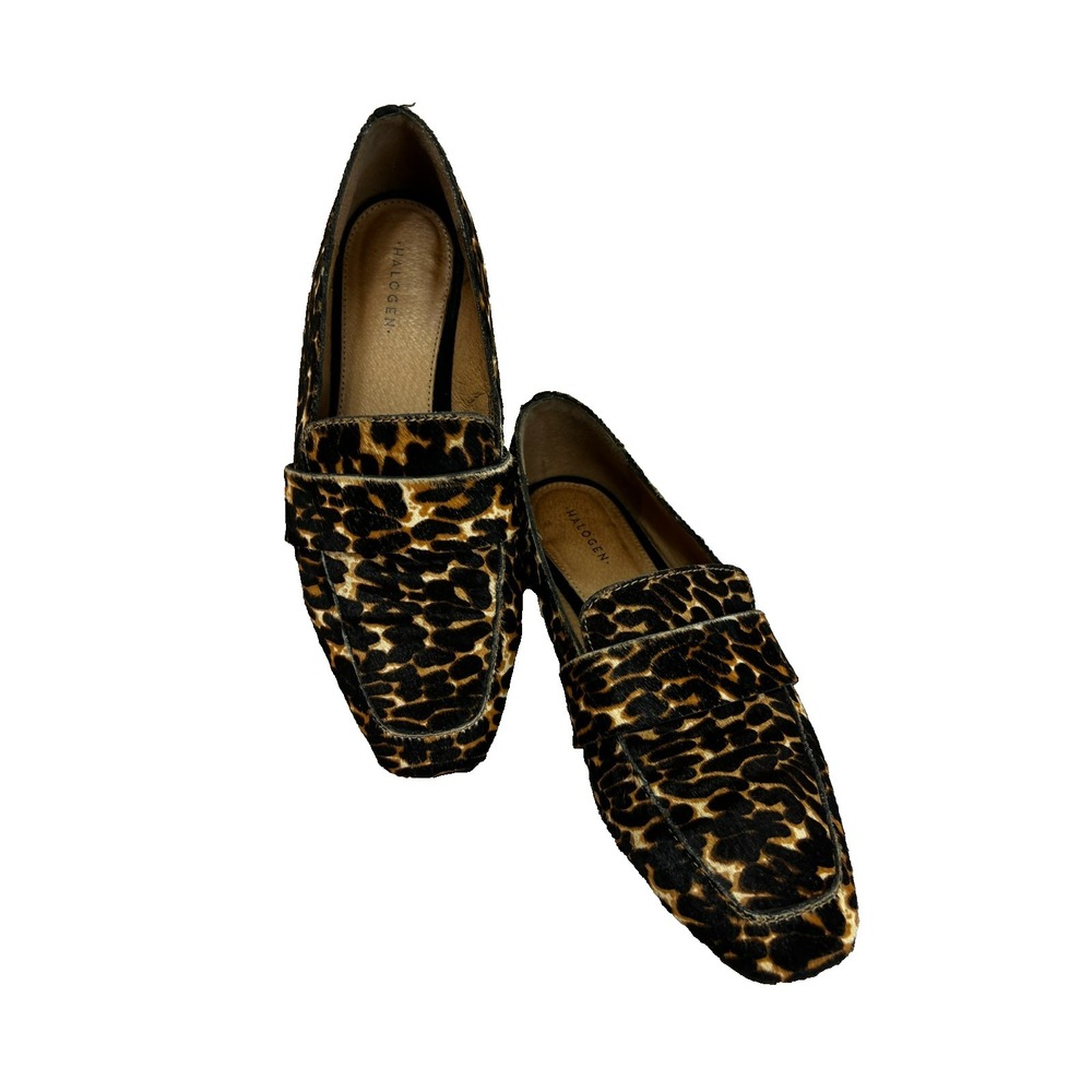 Halogen Lucy Calf Hair Leopard Loafers‎ Squared Toe Low Heel Slip On SZ 6